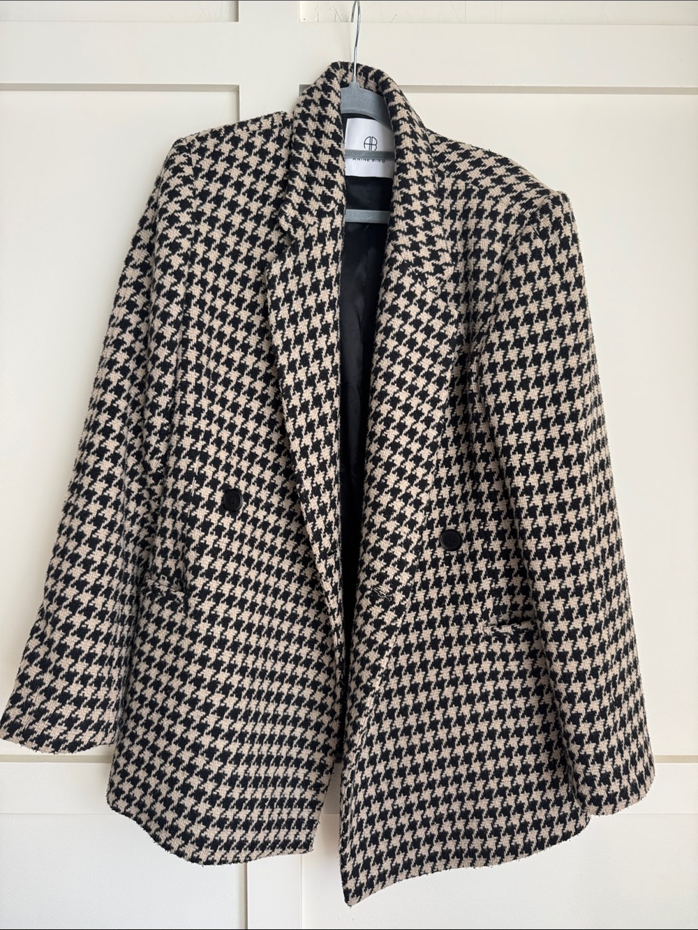 Anine Bing Black & Cream Houndstooth Double-Breasted Blazer
